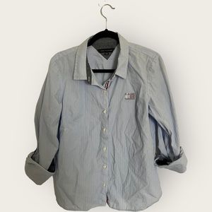 Tommy Hilfiger‎ Shirt Blouse Women's L 3/4 Sleeve LOGO Blue Stripes EXCELLENT ✅